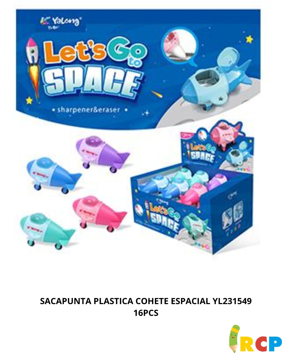 SACAPUNTA PLASTICA COHETE ESPACIAL YL231549 16PCS