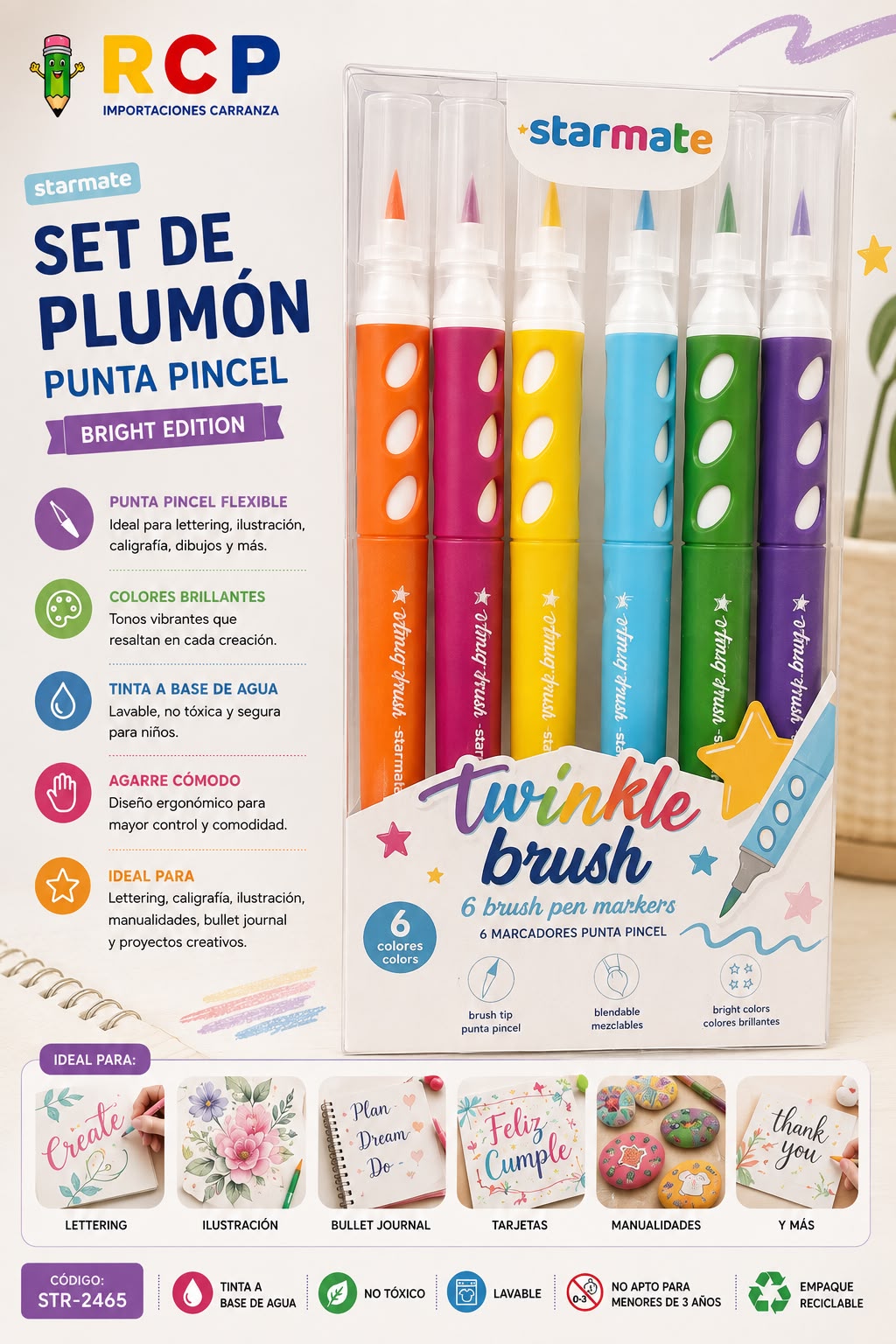 SET PLUMON PUNTA PINCEL 6PCS STARMATE
