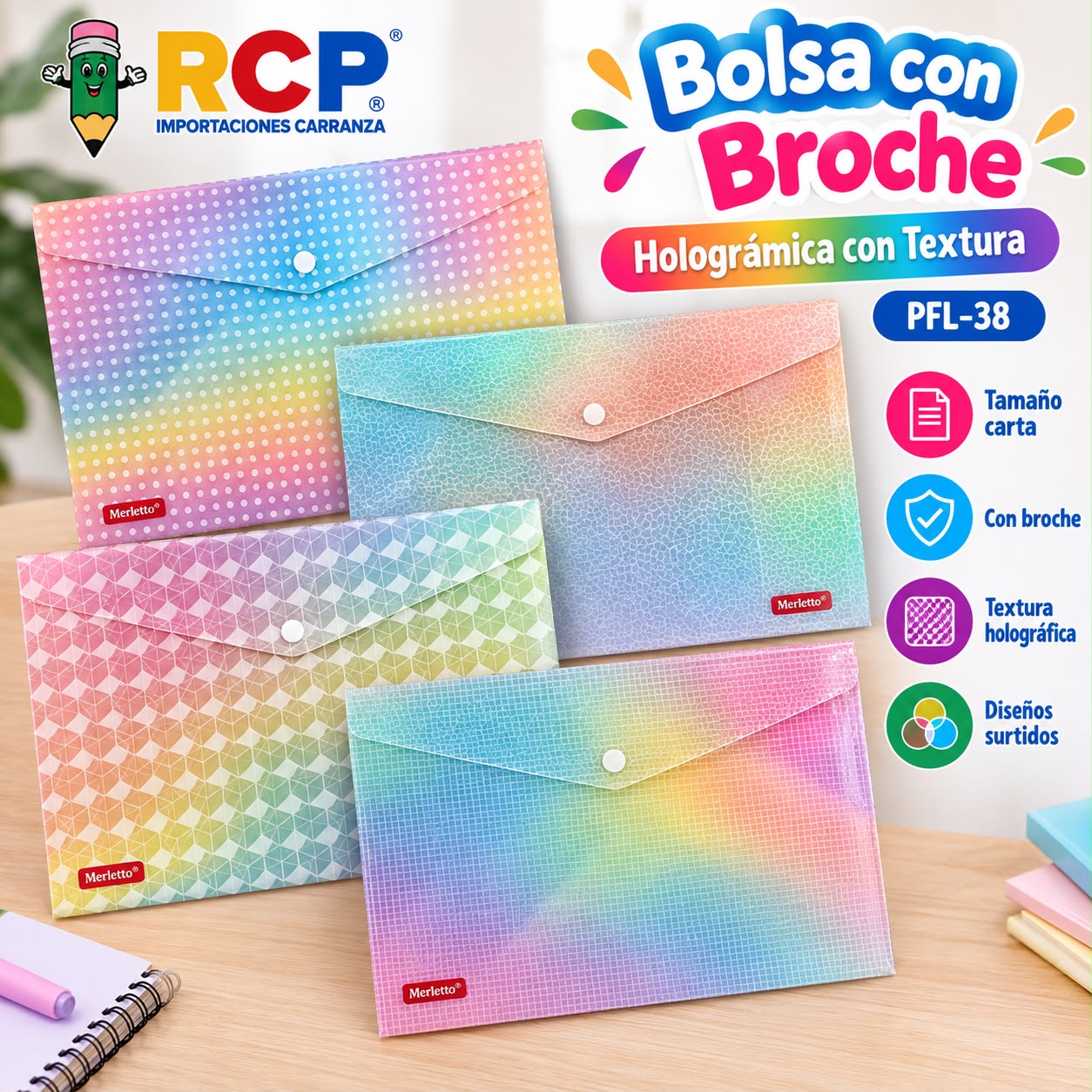 BOLSA C/BROCHE HOLOGR T/CARTA A4