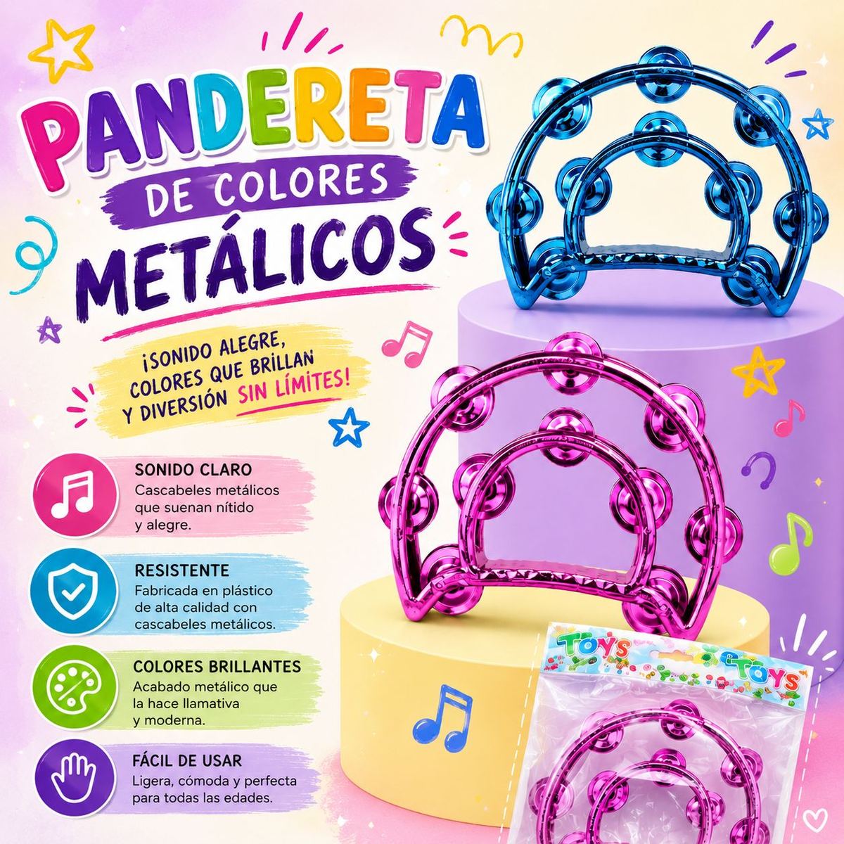 PANDERETA PLASTICA COLOR METALICA 15CM
