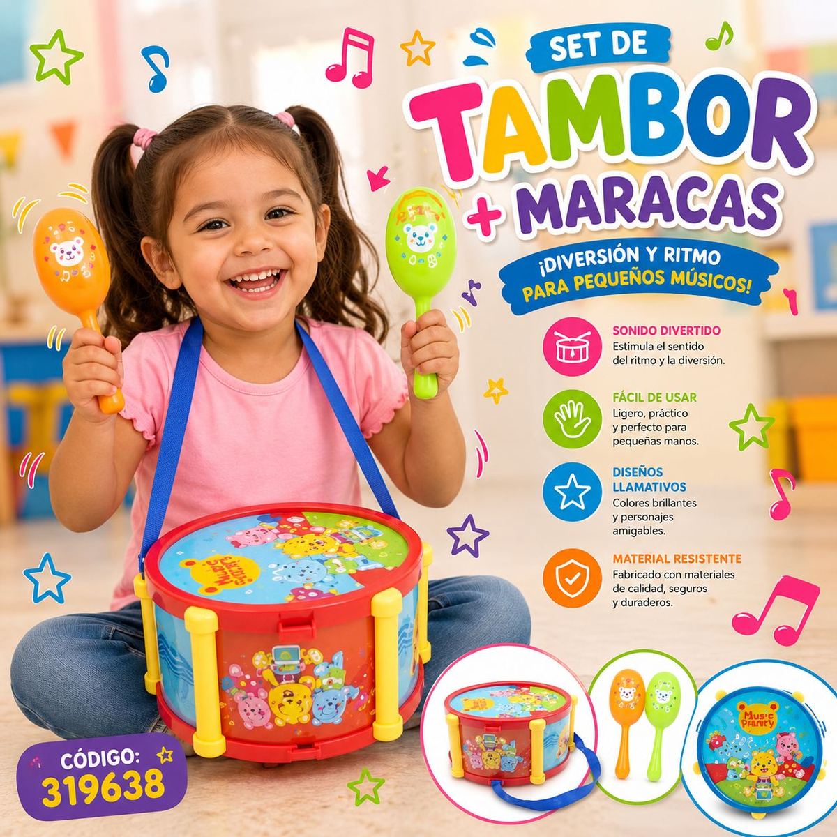 JUGUETE P/BEBE TAMBOR C/MARACAS 5PZA