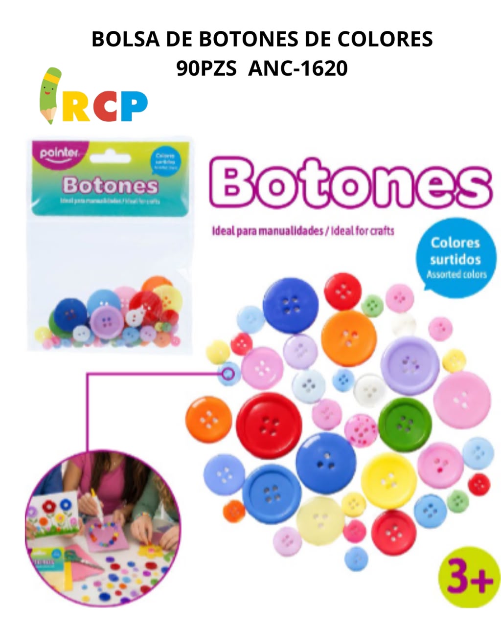 BOLSA DE BOTONES PLAST COLOR 90PZS