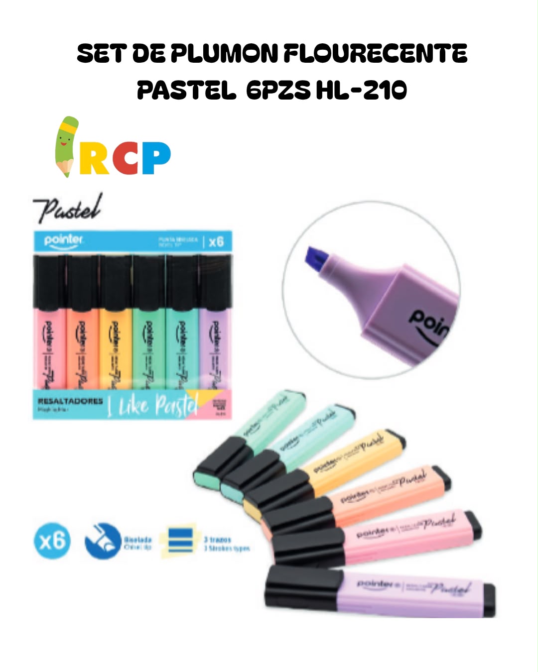SET DE PLUMON FLOURECENTE PASTEL  6PZS